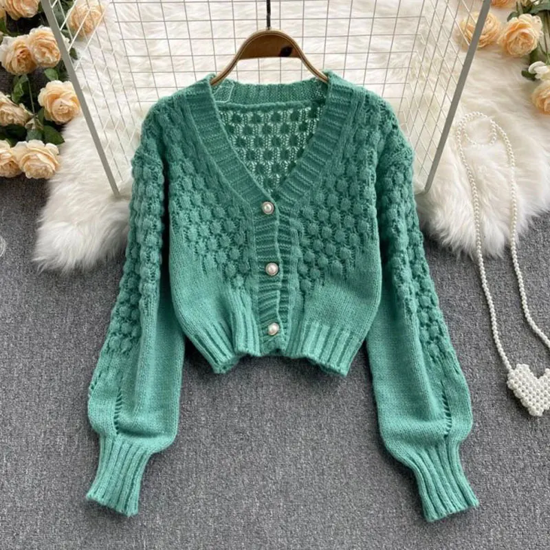 Orange Hollow out Acrylic Knit Lantern Sleeve V-Neck Women\'s Cardigan Single Breasted Sweater Cardigan For Women Clothing 2024