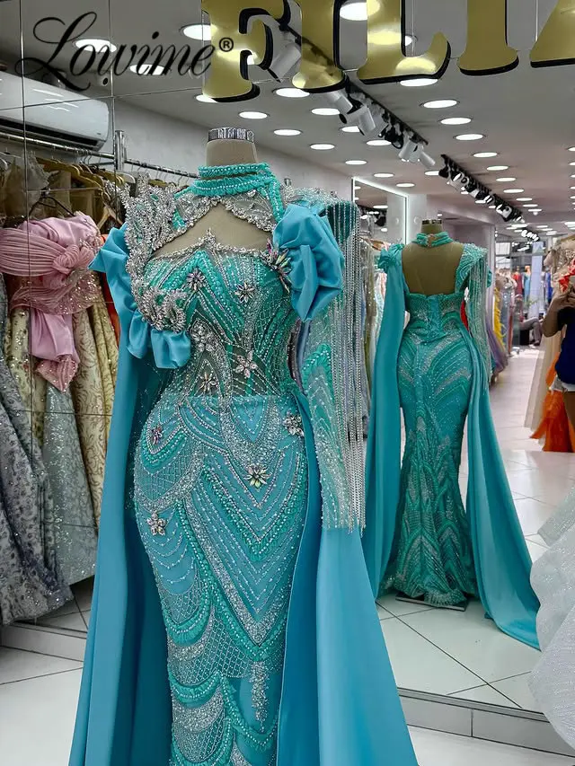 فساتين سهرة حورية البحر بأكمام طويلة باللون الأزرق العربي مع كيب كتف مخصصة لحفلات الزفاف الرسمية الأنيقة للنساء