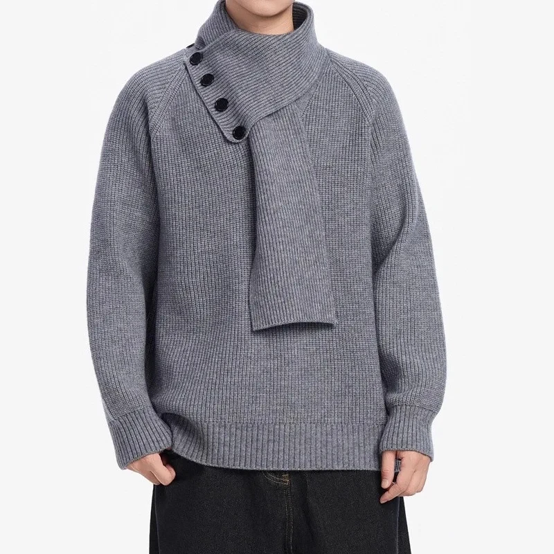 

2025 New Spring Autumn Retro Scarf Collar Button Sweater Men Winter Warm Couple Style Multi Color Options