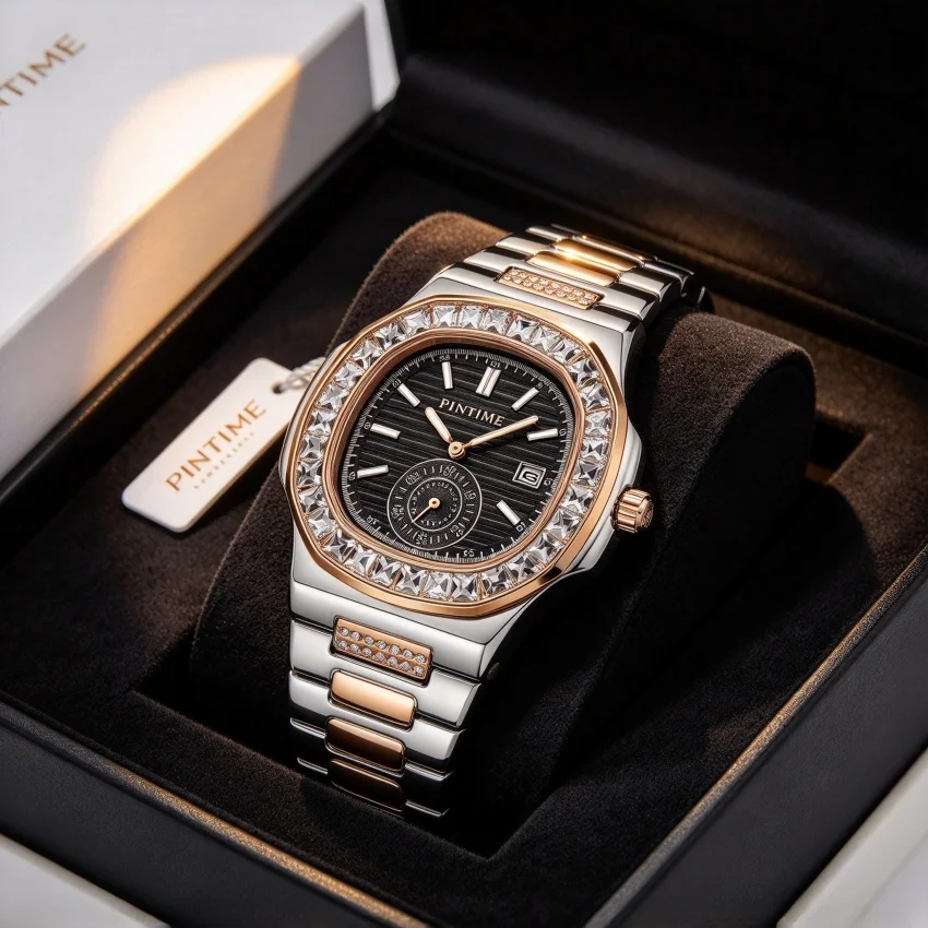 Baguette Stone Bezel Mens Timepiece Blue Textured Dial, Two Tone Silver Rose Gold Integrated Bracelet Alloy Case Modern Bold