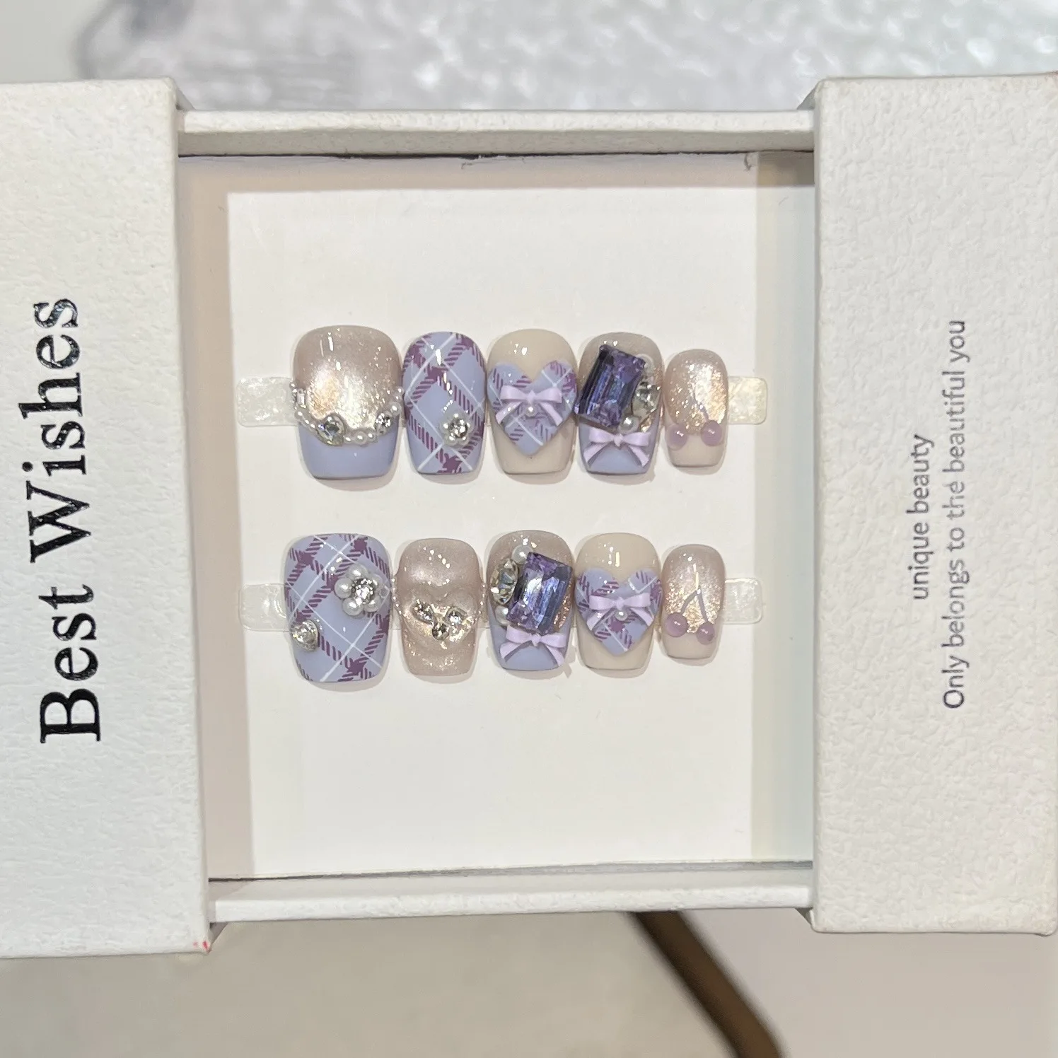 

10pcsHandmade Short French Press On Nails Purple Grid Pattern Heart Bow Rhinestone Design Fake Nails Wearable Nails Art Tip Girl