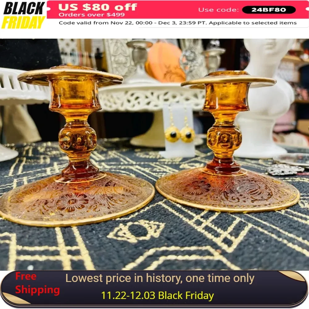 

Glass Etched Taper Candlestick Holders w/ Gold Leaf Trim, Vintage Autumn Thanksgiving Tablescape Deco