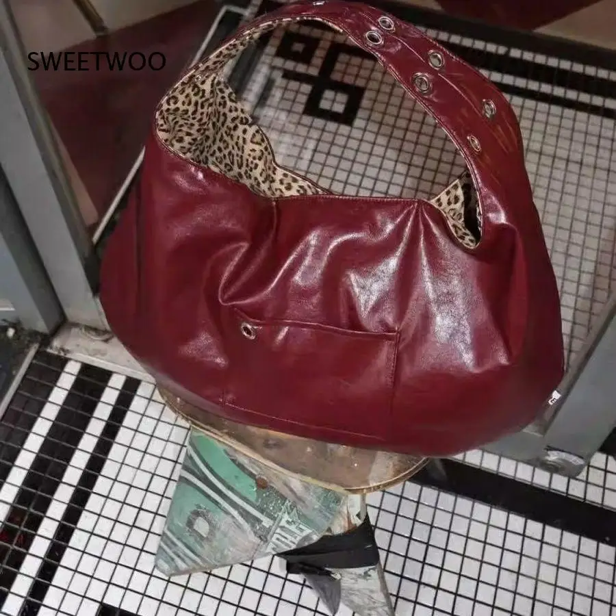 Vintage Burgundy Shiny Faux Leather Hobo Bag Leopard Print Lining Eyelet Detail Large Shoulder Tote for Y2K Streetwear