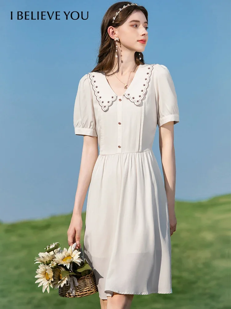 I BELIEVE YOU Summer Dresses For Women 2022 Embroidery Doll Collar High Waist Short Sleeves French Gentle Woman Dress 2222094500