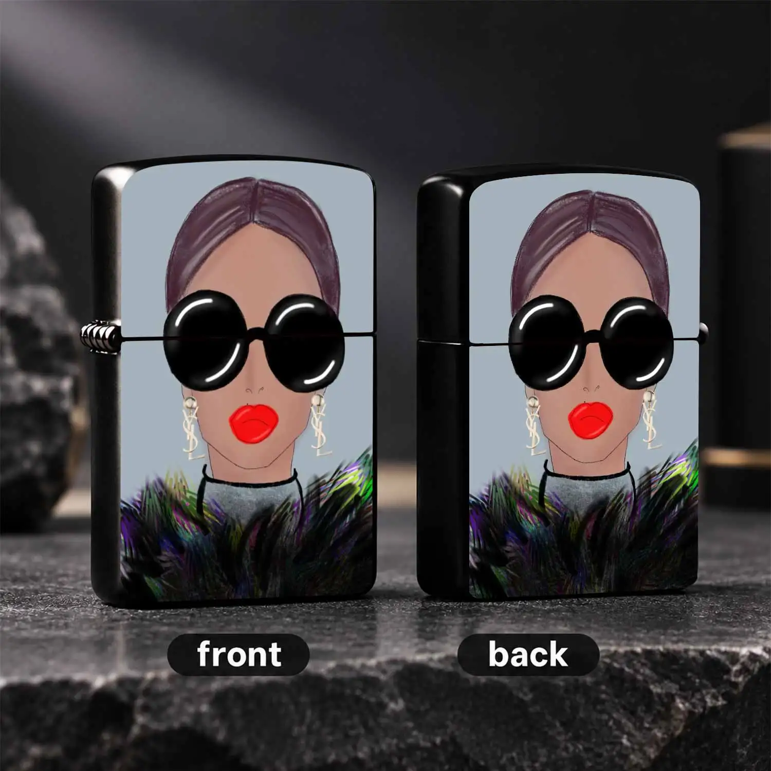 Trendy Stylish Lady Pattern Lighter, Chic Oversized Sunglasses Bright Red Lips Art Print, Exquisite Luxury Logo Earring Design, Portable Fashion Accessory For Daily Use, Ideal Unique Gift For Friends And  A Humorous And Interesting Lighter
