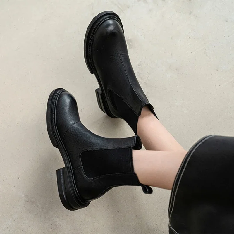 

2022 Winter Boots Women Split Leather Boots Round Toe Thick Heel Shoes Women Plaform Boots Fall Shoes Casual Black Ankle Boots