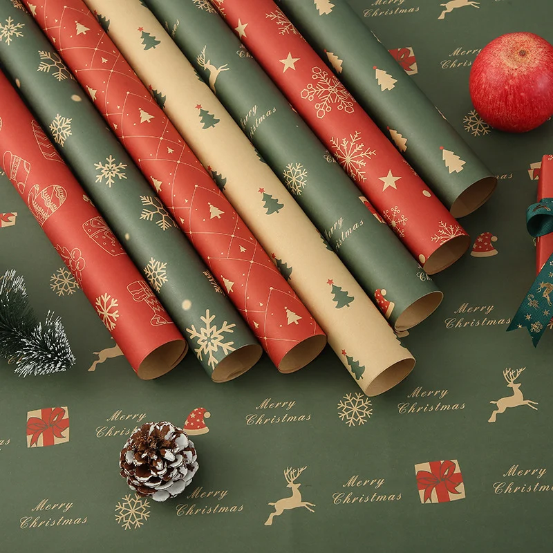 1/6pcs Christmas Wrapping Paper Vintage Kraft Festival Gift Wrap With Xmas Tree Snowflake Patterns Present Packing Decoration