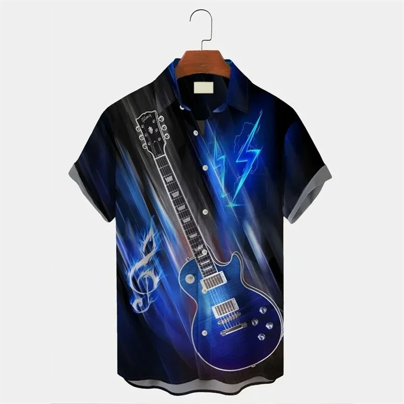 3D Printed Vintage Music Hawalian Shirt Men Rocker Guitar Pattern Aloha Shirts Fashion Button Lapel Tops Short Sleeve Blouses