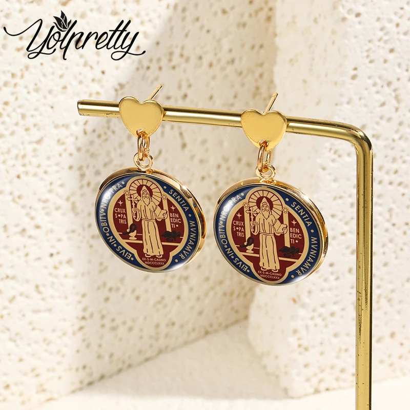 2024 New Retro Religious Style Glass Stud Earrings  Alloy Ear Needle Jewelry Gift for Man and Woman
