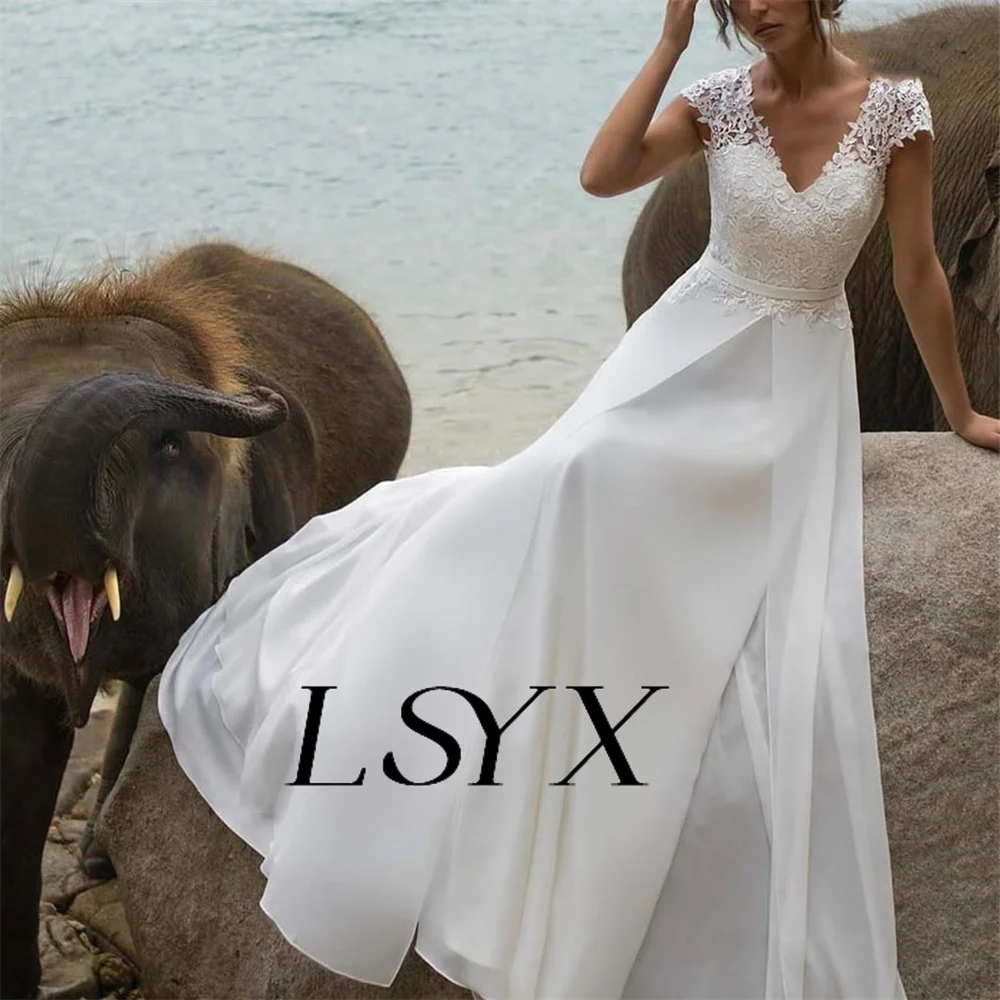 LSYX-Robe de Mariée en Dentelle Style Boho pour Femme, Col en V, Manches Cape, Ligne A, Mousseline de Soie, Dos Découpé, Traîne de Balayage, Patients de Plage, 2023