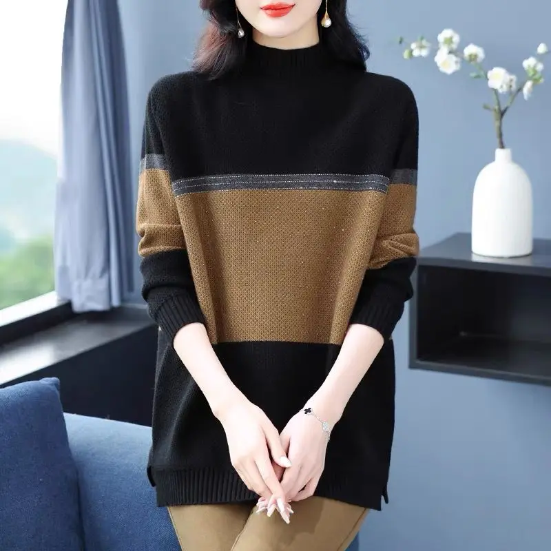 Women Korean Fashion Contrast Color Minimalist Chic Knitted Sweater Elegant Half High Collar Long Sleeve Oversized Pullover Tops