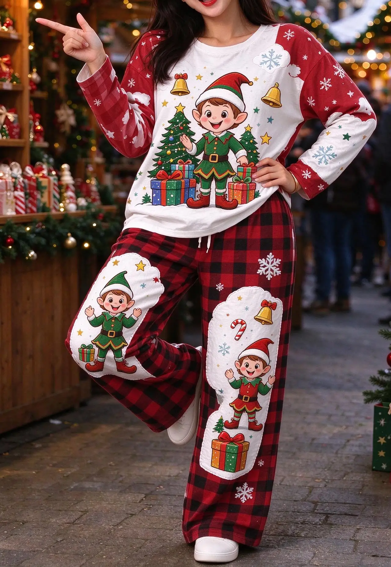 Women Imitation Cotton Loungewear Set Christmas Color Block Tiger Tree Gift Snowflake Print Long Sleeve Wide Leg Pajamas