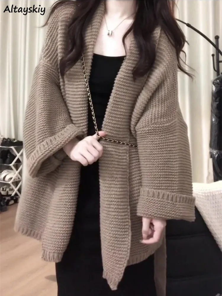 

Cardigans Women Autumn Elegant Ladies Temperament Bandage Khaki Tender Sweater Warm Solid Simple All-match Ulzzang Baggy
