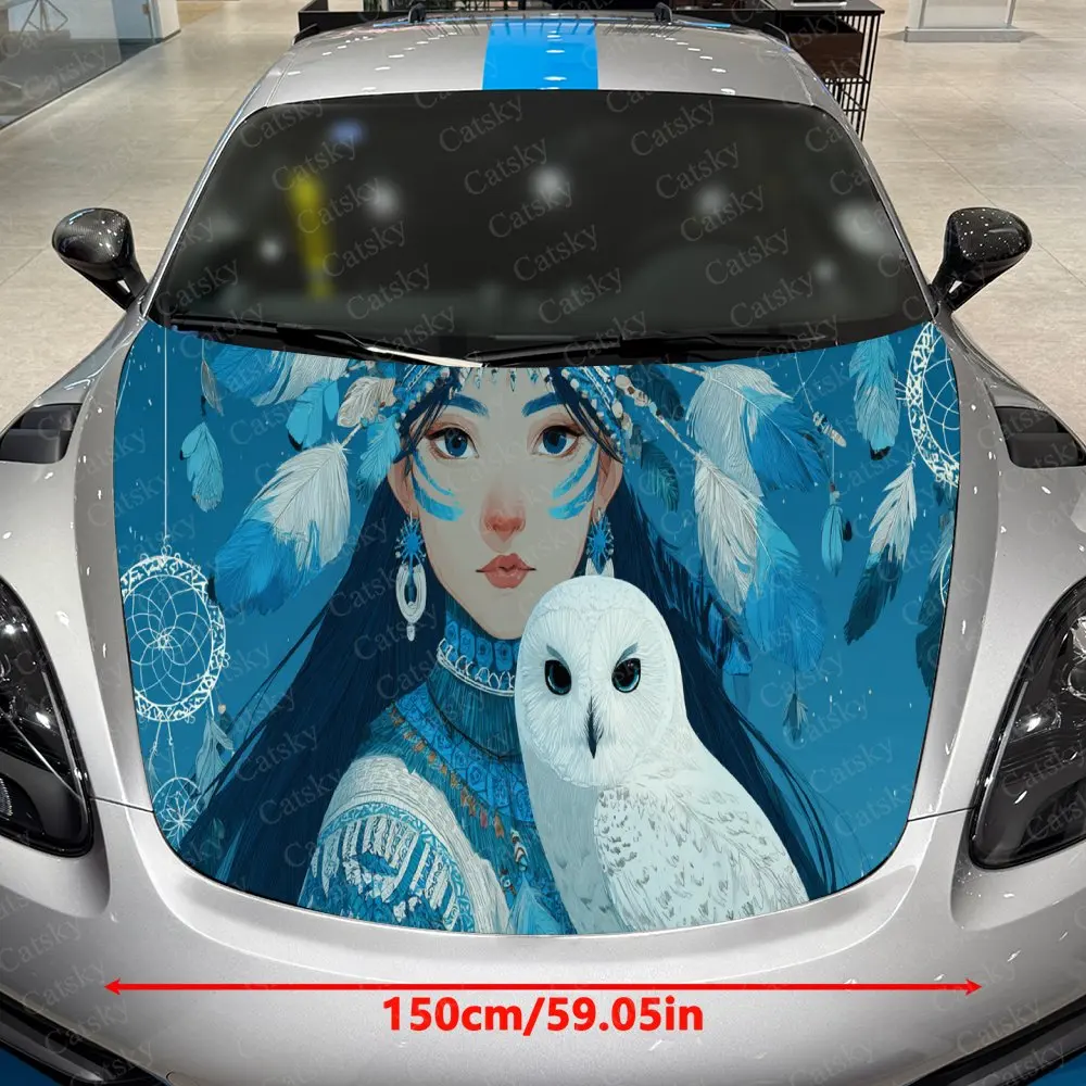 Fantasy Native Woman Owl Auto Hood Sticker, Car Cover Decal, Waterproof and Self-adhesive Auto Vinyl Wraps, Car Exterior Decorat