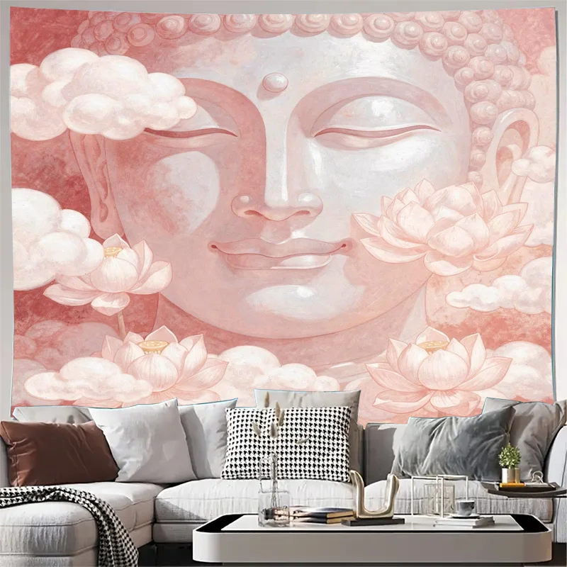 Bohemian Buddha Lotus Tapestry Wall Hanging Spiritual Enlightenment Zen Decor Beige Pink Watercolor Art Scroll Peaceful Meditati