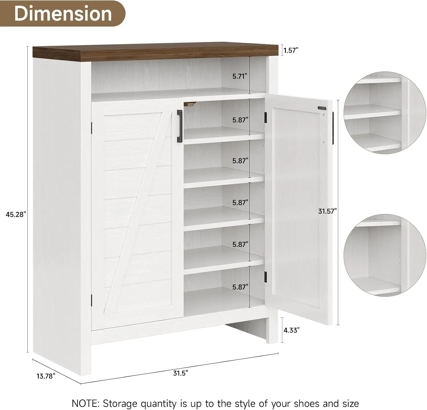 Shoe Cabinet Storage Organizer, Freestanding Six Tier Footwear Cupboard With Enclosed Doors For Entryway Hallway Living Room, Farmhouse Modern Style, White Finish, 1 Piece