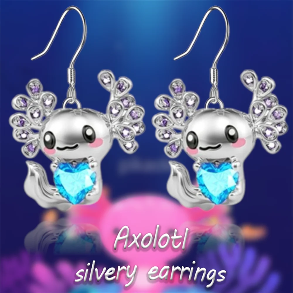 1 Pair Cute Cartoon Axolotl Blue Crystal Pendant Earrings for Women Fashion Girls Hook Earrings Jewelry Birthday Gifts aretes