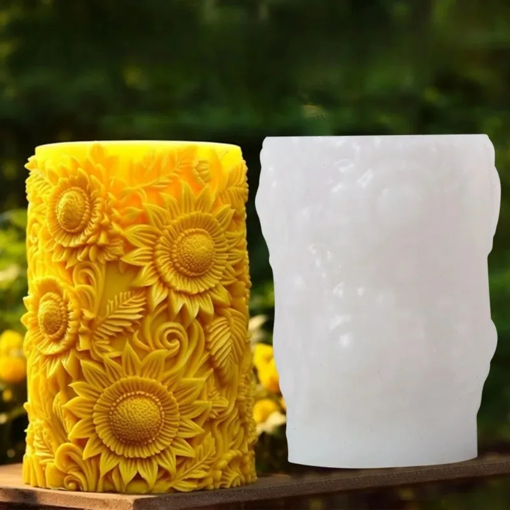 Silicone Candle Mold 3D Blossoming Flower Cylindrical Wave Candle Mold Handmade Sunflower Tulip Pattern DIY Plaster Model