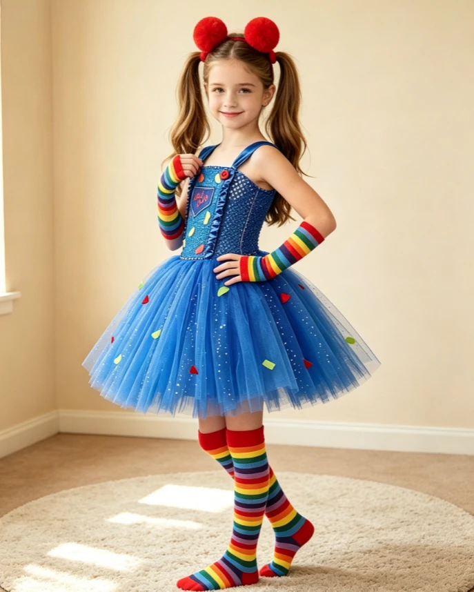 Halloween Scary Killer Theme Party Role Play Glitter Blue Playful Style Sleeveless Mesh Tutu Dress With Funny Accessories Outfit
