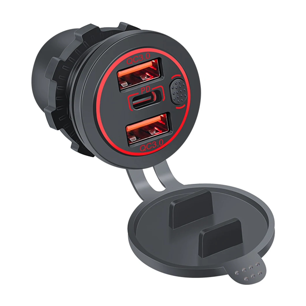 Dual QC3.0 USB Socket + TYPE-C PD Socket DC12-24V 78W Output Quick Charging Car Power Charger with ON-OFF Push Button LED Light