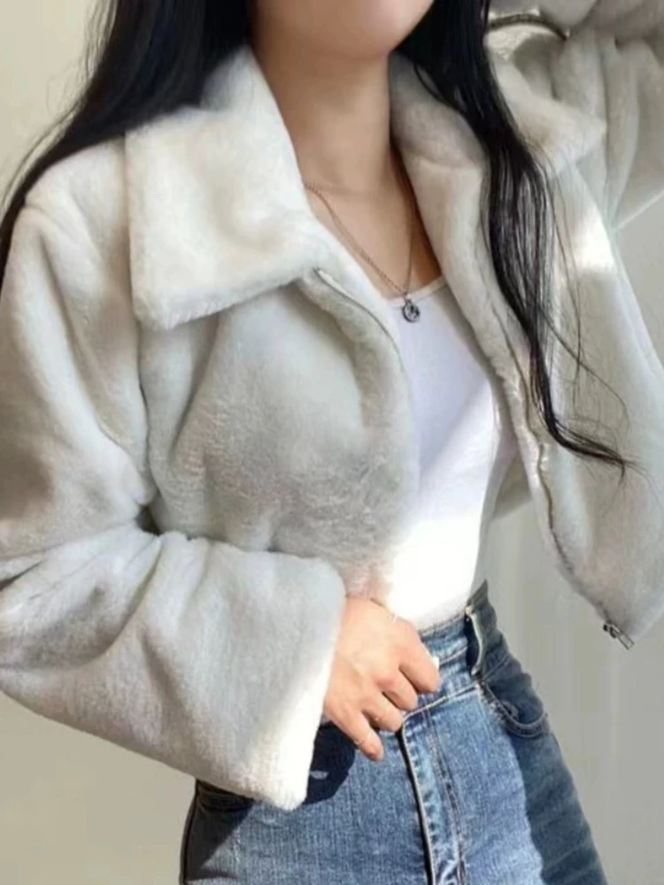 Vintage Solid Fur Thicked Coat Women Winter Clothing All Match Fashion Outwear Y2k Crop Tops Casual Loose Warm Zipper Jackets