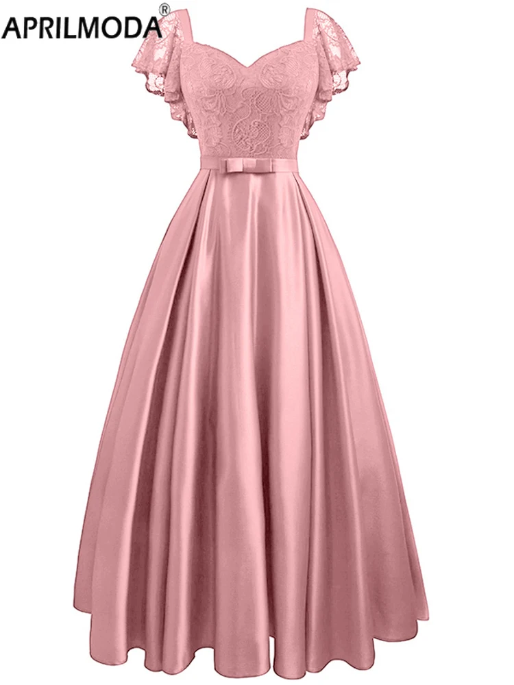 Elegante wunderschöne rosa türkis farbene Rüschen ärmel Party Satin langes Kleid Spitze Ballkleider Hochzeit Dame Herbst Abend Maxi kleider