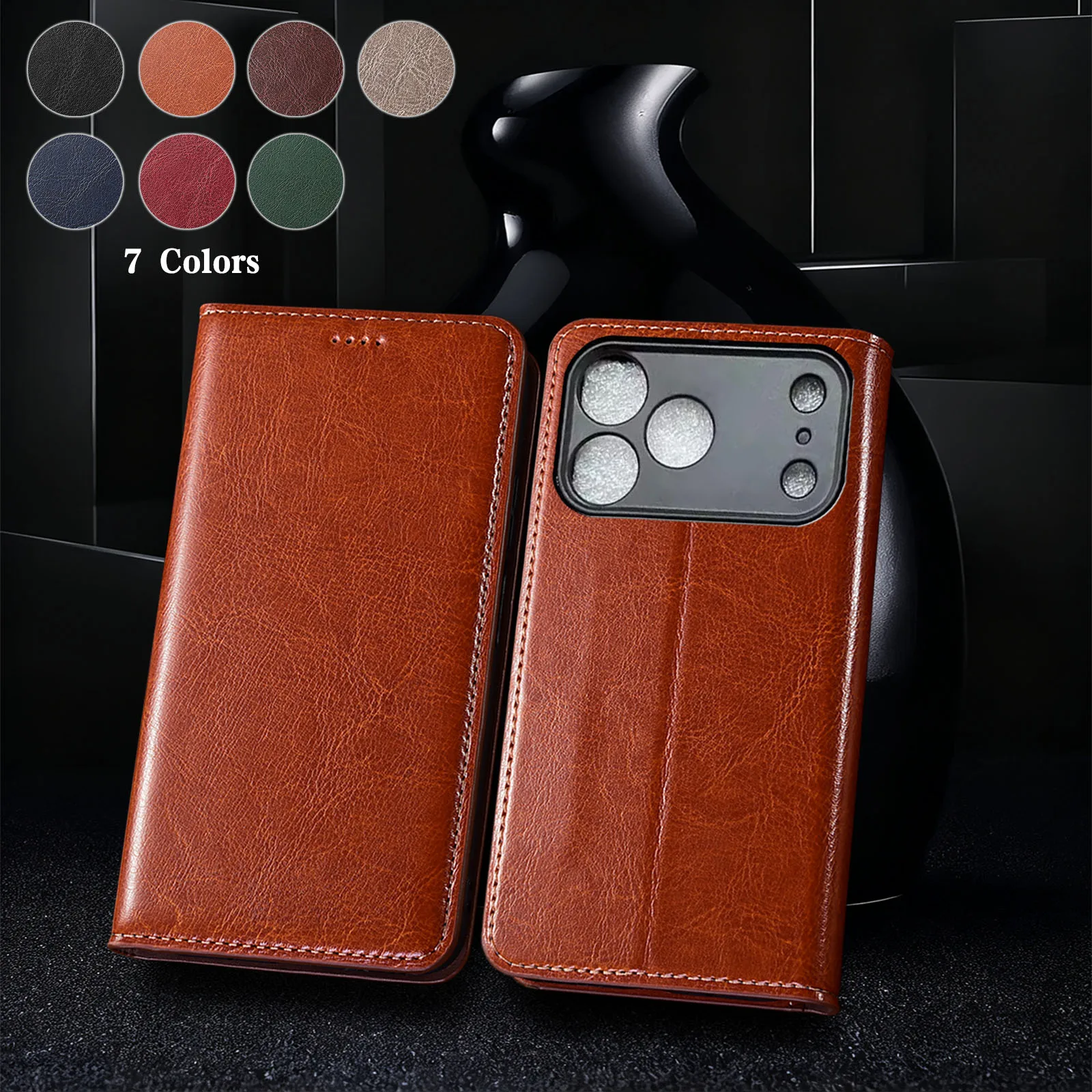 

For Apple iphone X XS XR 11 12 13 14 15 16 16e 17 Pro Max Plus Air Mini CrazyHorsePatternGenuine Leather Flip Phone Case Cowhide