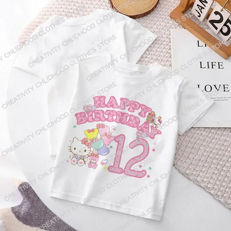 Hello Kitty Children T-shirt Birthday Number 1-14 Tee Shirts Kawaii Sanrio Y2k Cartoons Kid Girl Boy Streetwear Casual Clothes