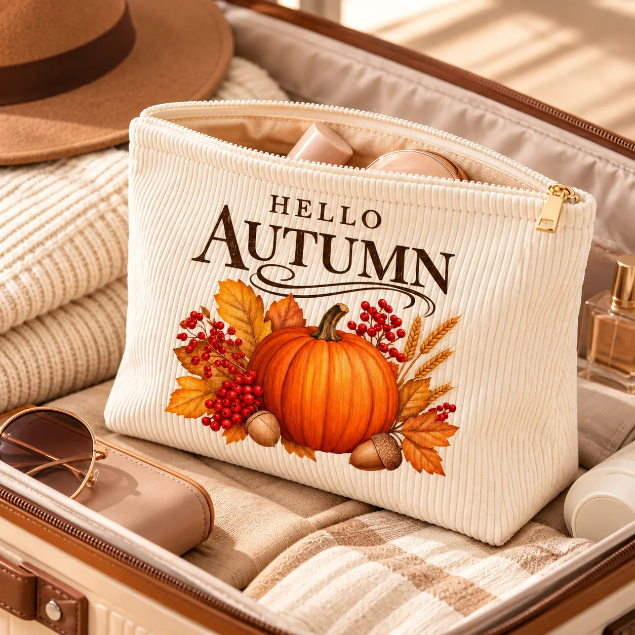 Makeup Bag Ribbed Corduroy Cosmetic Pouch Pumpkin Print Travel Toiletry Organizer Women Storage Bag Cosmetic Case Makeup Pouch