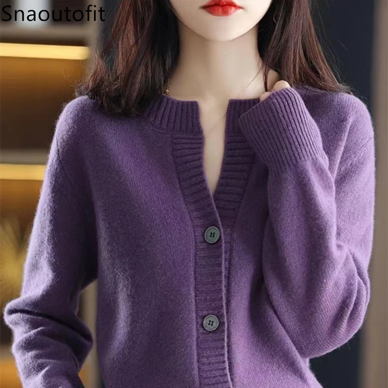 100% Wool Cardigan Women\'s long sleeve top Spring and Autumn Thin Round Neck Cashmere Sweater Loose Coat Fashion Knitted jacket