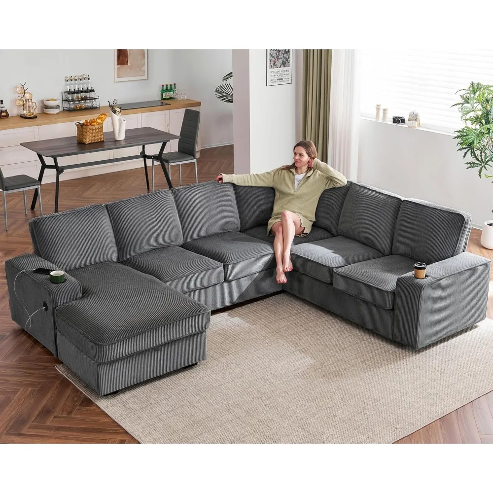 112 inch Sectional Sofa, Oversized Sofa with Storage Chaise, U Shaped Sofa Couch with USB Ports, Corduroy Couch—Grey