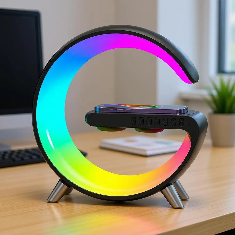 

Ночник, беспроводная зарядная станция, настольная лампа, будильник, Bluetooth-колонка и управление через приложение, идеально подходит для спальни, домашнего декора, биоэлектроники.