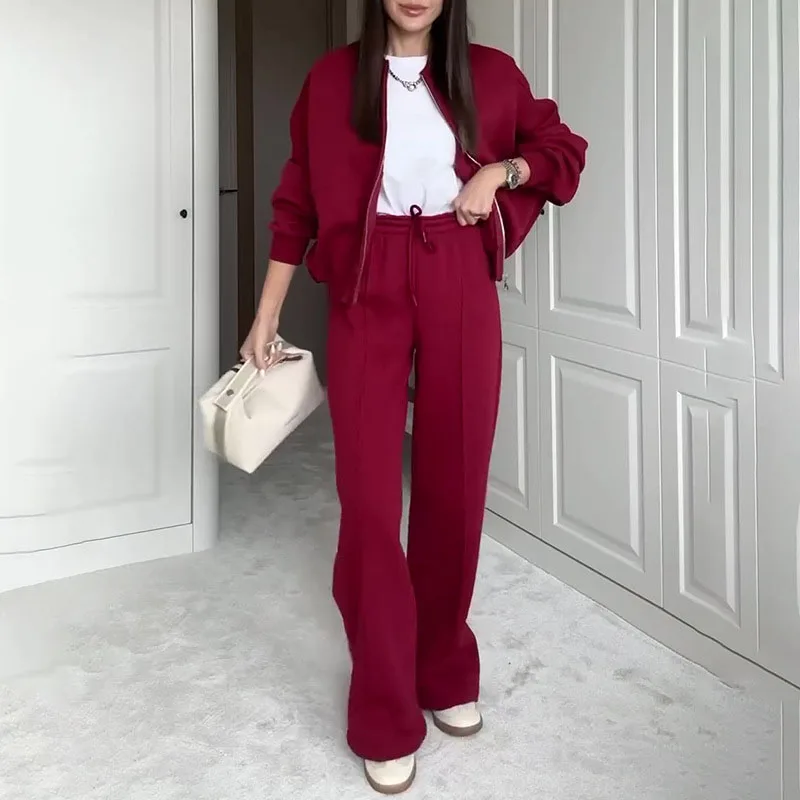 Autumn Winter Solid Loose Tracksuit Women Casual Zipper Sweatshirt Coat & Lace-up Pants Outfit Fashion Warm Two Piece Suit Sets