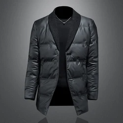 2024 Winter New Men's Knitted Collar PU Leather Fashion Down Jacket High Quality Duck Down Duck Down Content 80% Medium to Long