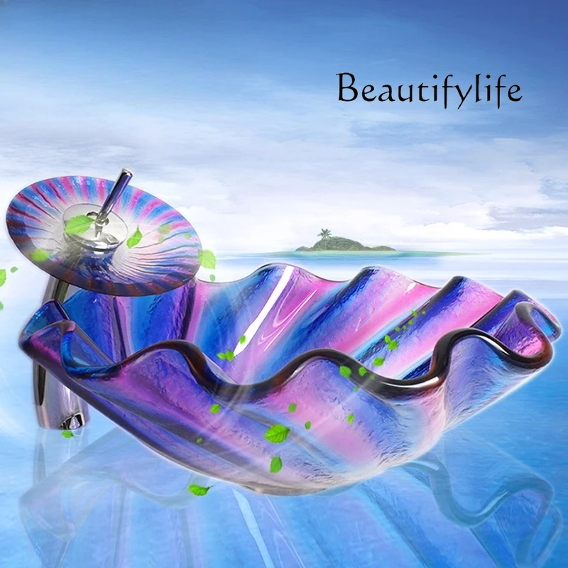 

Tempered glass table basin household modern simple wash basin blue art basin special shape gradual change creativity