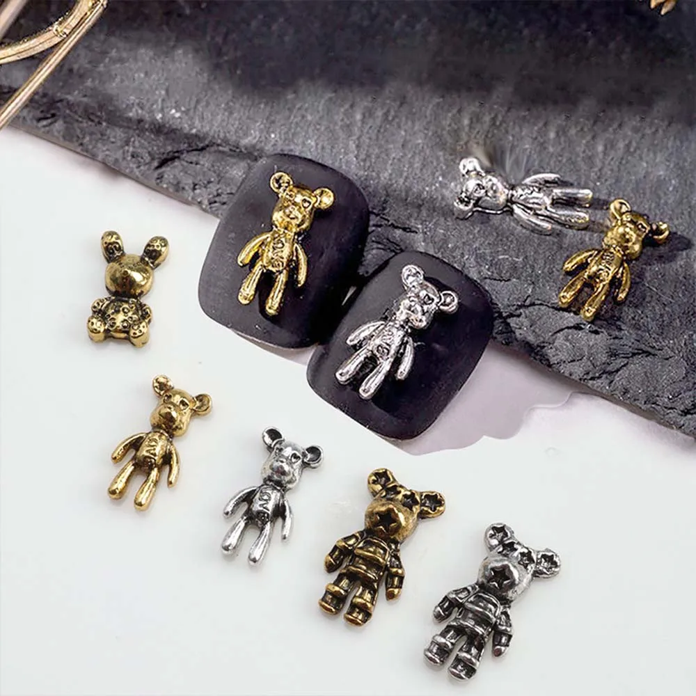 20pcs Alloy Skull Bear Nail Art Charm 3D Retro Metal Gold/Silver Multi-shape Bear Nail Decoration DIY Luxury Nail Accessories