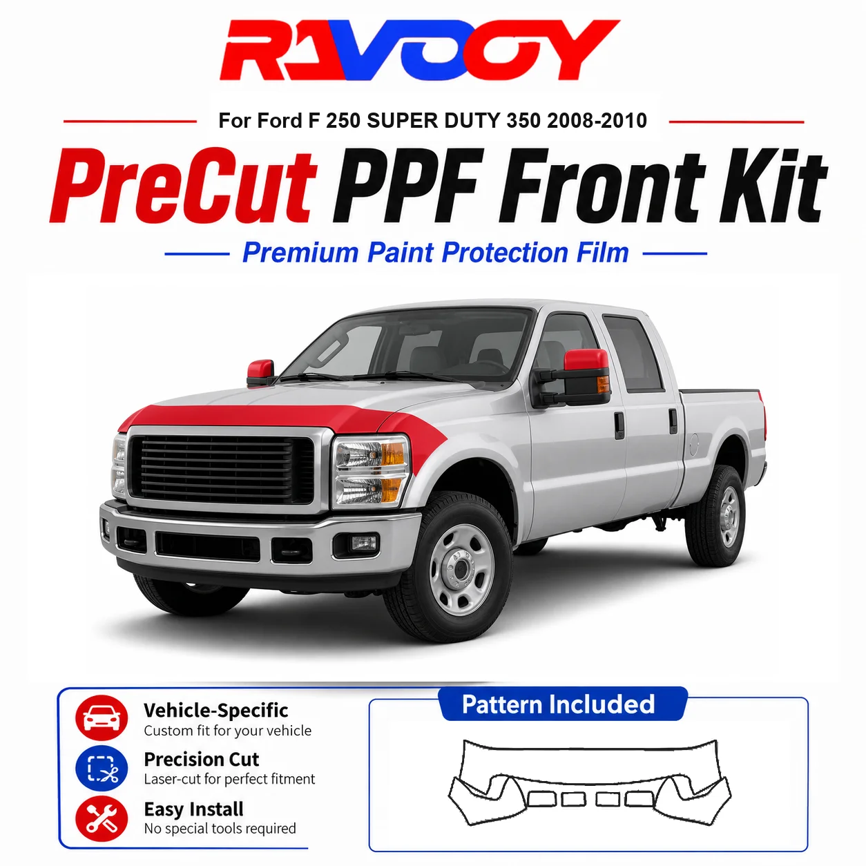 

8.5mil TPU Precut PPF Kit For Ford F 250 SUPER DUTY 350 2008-2010 - Hood, Fenders & Mirror Set - Self-Healing Clear Bra Film