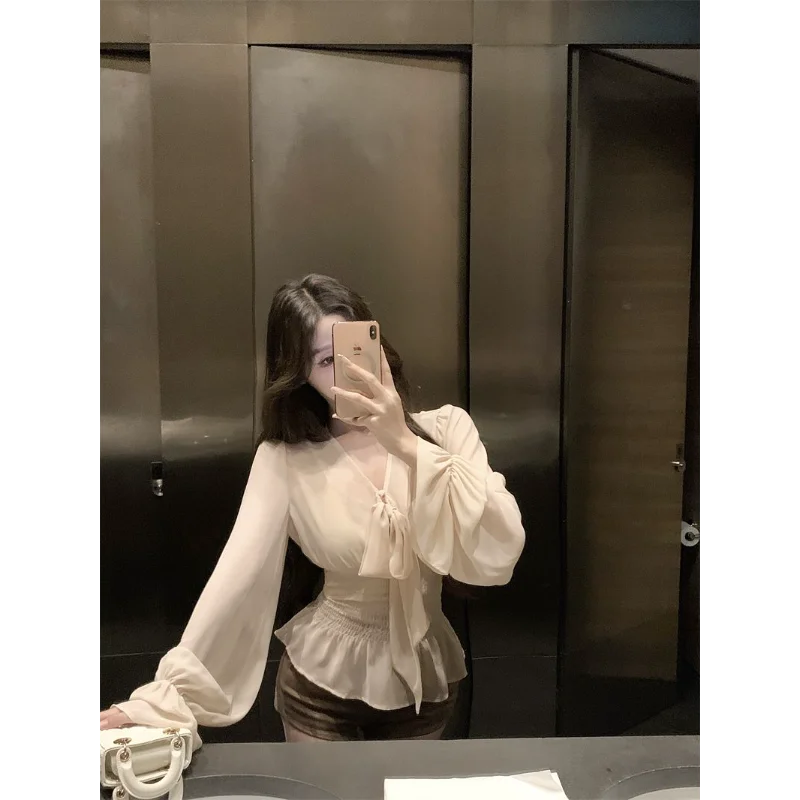 

Новый женский пуловер с тонкой талией, многослойный топ с подтяжками и бретелями, шифоновая рубашка с v-образным вырезом и длинными рукавами