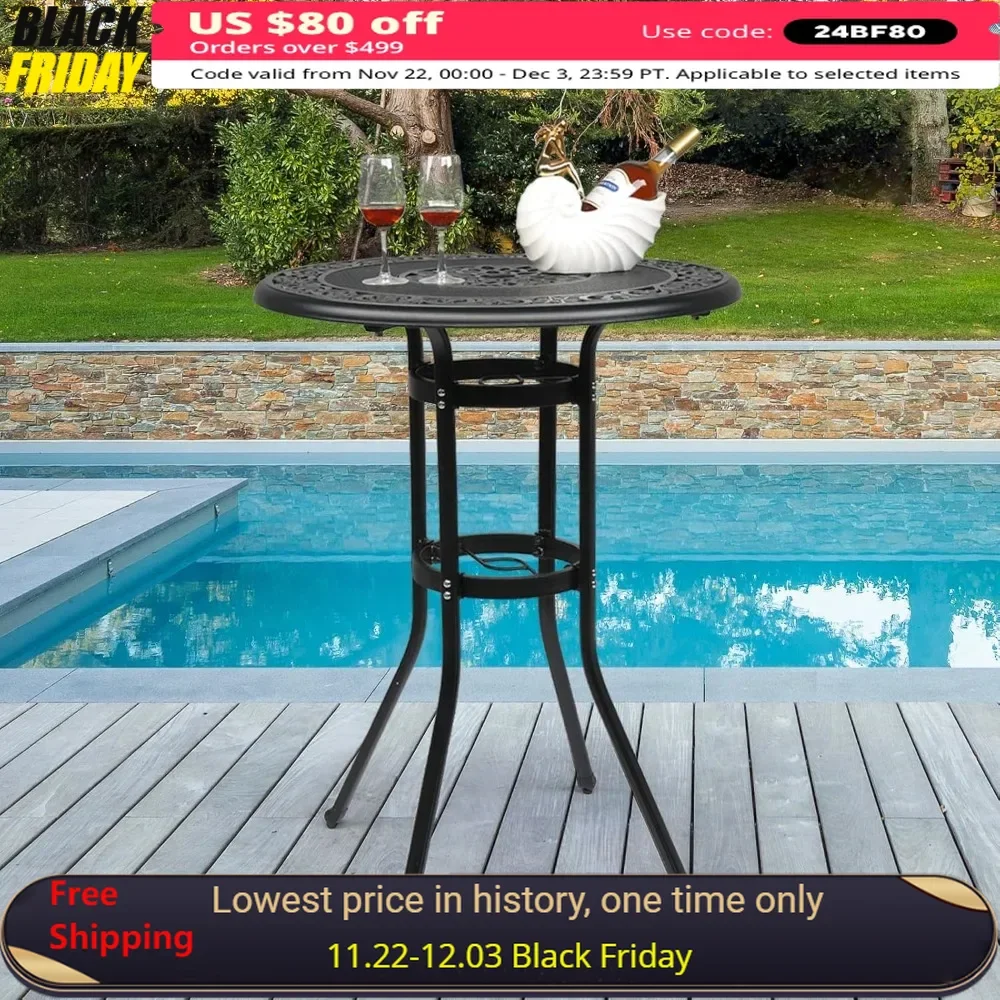 

32" Dia X 41 H Outdoor Table with Umbrella Hole, Tall Outdoor Cast Aluminum Bar Tables, Garden Patio Table