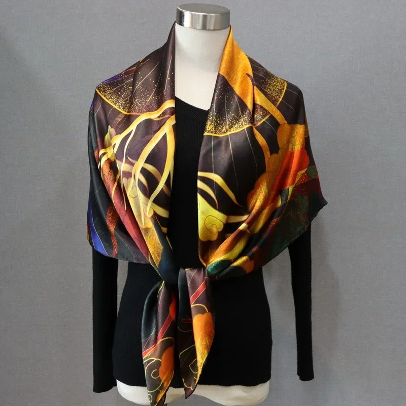 

High-end Elegant Women's Exquisite Flying Deer Halo Printed Quality Satin Silk Exquisite Hand-rolled Edge Square Scarf Shawls