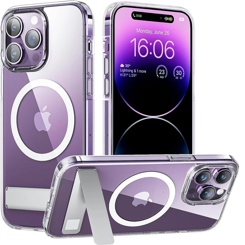 UYUXIO Klare magnetische Handyhülle mit Ständer für iPhone 17 Pro Max 16 15 14 Plus 13 12 11 Standhüllen Rückseite mit Halterung