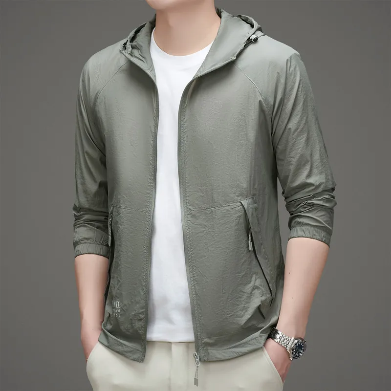 Ultra-Lightweight Men UV Protection Hooded Jacket Gray Caramel UPF 50+ Sun Defense & Breathable Coat Summer Essential Outerwear