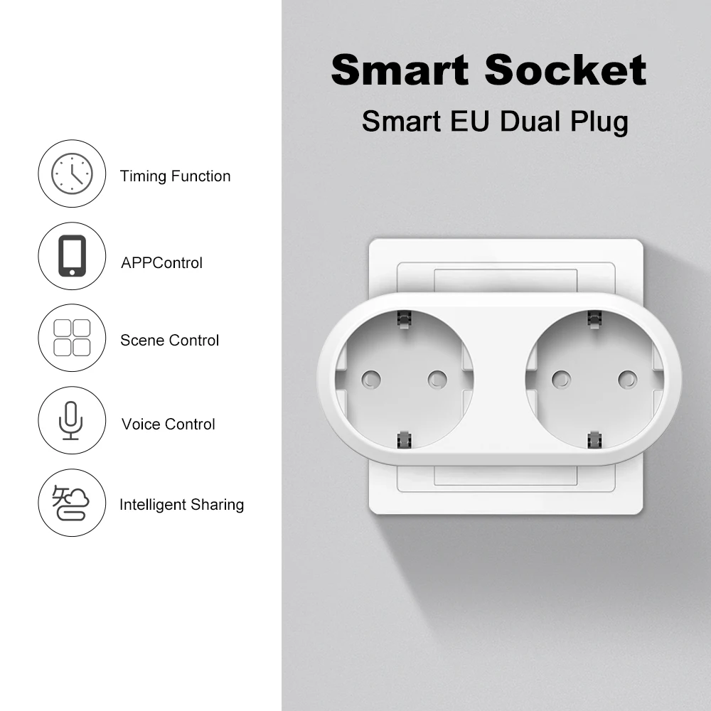 Manhot HomeKit 16A EU Wifi Dual Smart Plug Socket 2in1 Plug Switch 1/2 Port Smart Home APP Timing Siri Voice Control