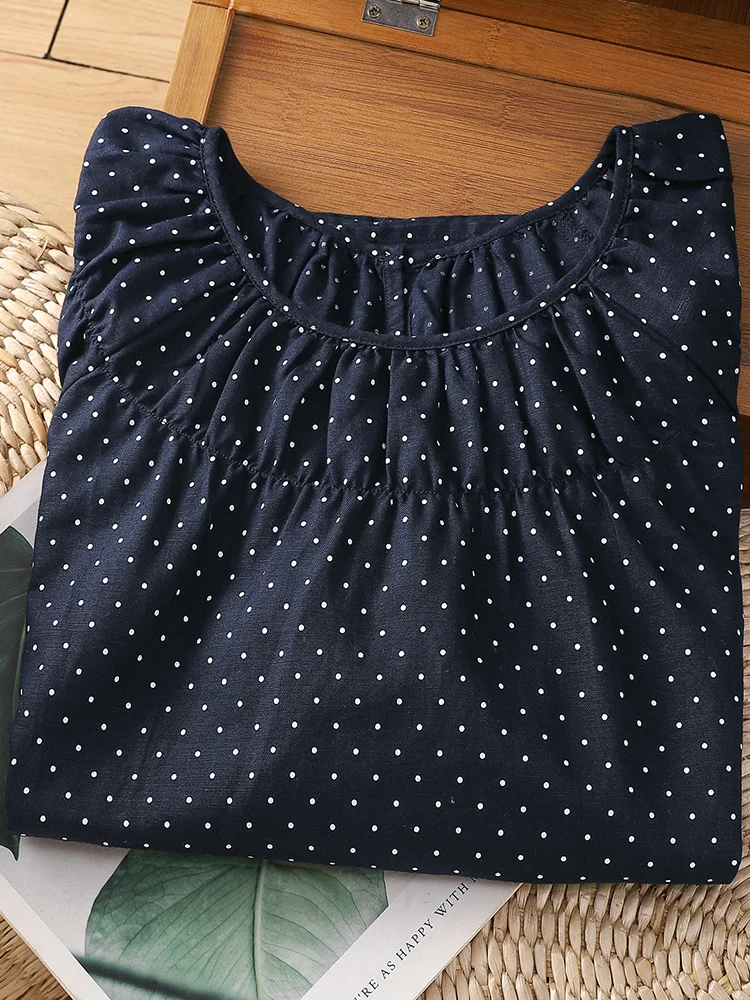 Retro cotone lino a pois irt donna estate Sli sciolto rotondo Ne Five Sve cotone lino T irt Top