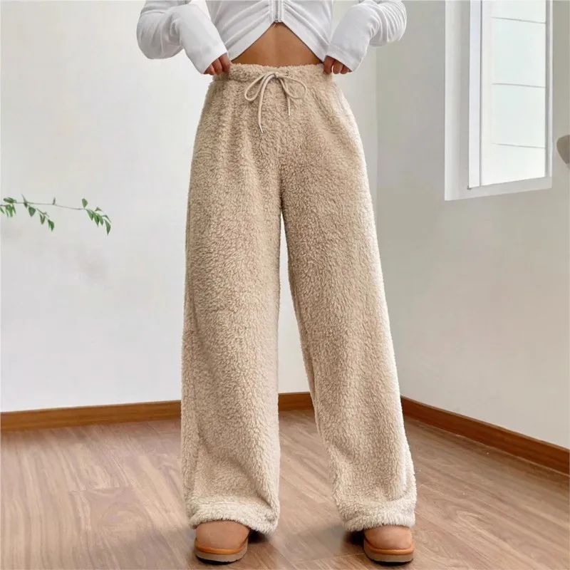 여성용 다용도 따뜻한 홈 팬츠 가을 겨울 플러시 드로스트링 와이드 레그 루즈 솔리드 컬러 바지