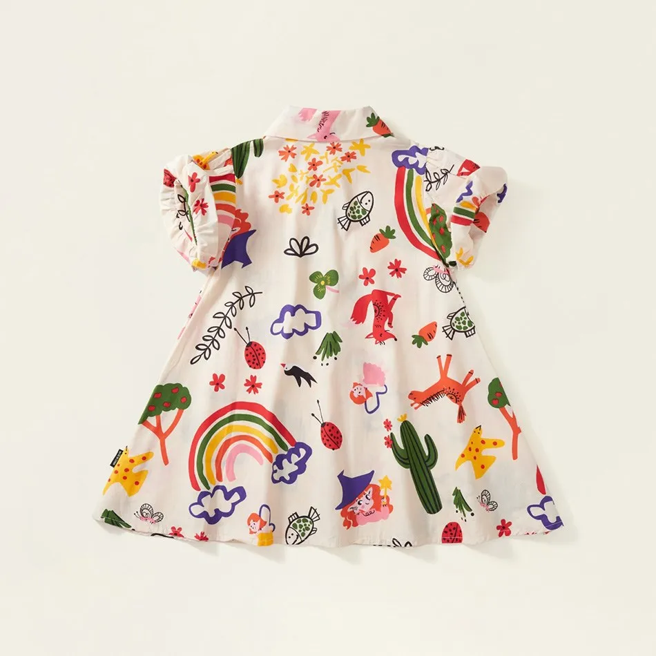 2-8 Years Girls Skirt Kids Lapel Doodles Clothes Children Summer School Costume Baby Fox T Shirt Dress Rainbow Casual Dress 2024