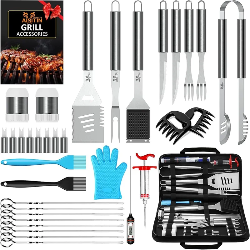 35PCS Grill Accessories BBQ Tools Set Stainless Steel Grilling Kit Grill Mat - Gifts for Dad Durable Stainless Steel Grill Tools