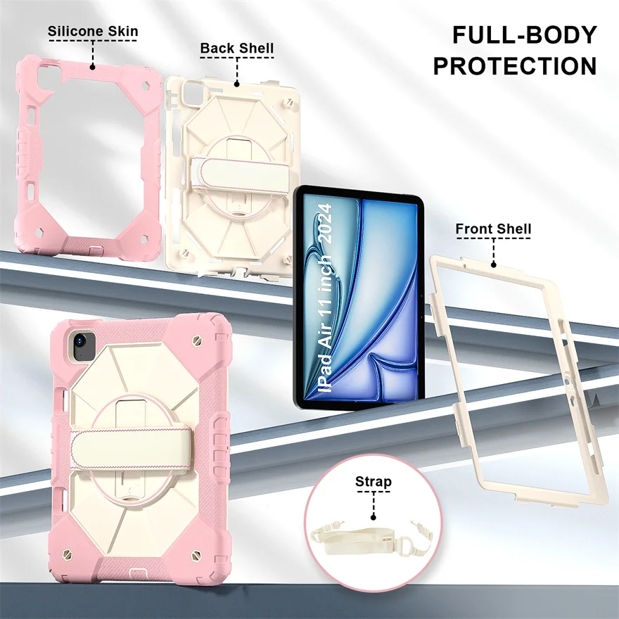 For Apple iPad Air 11 2024 Case Heavy-duty Protection Shockproof 360° Rotating Strap Handle Bracket Shell For A2902 A2903 A2904