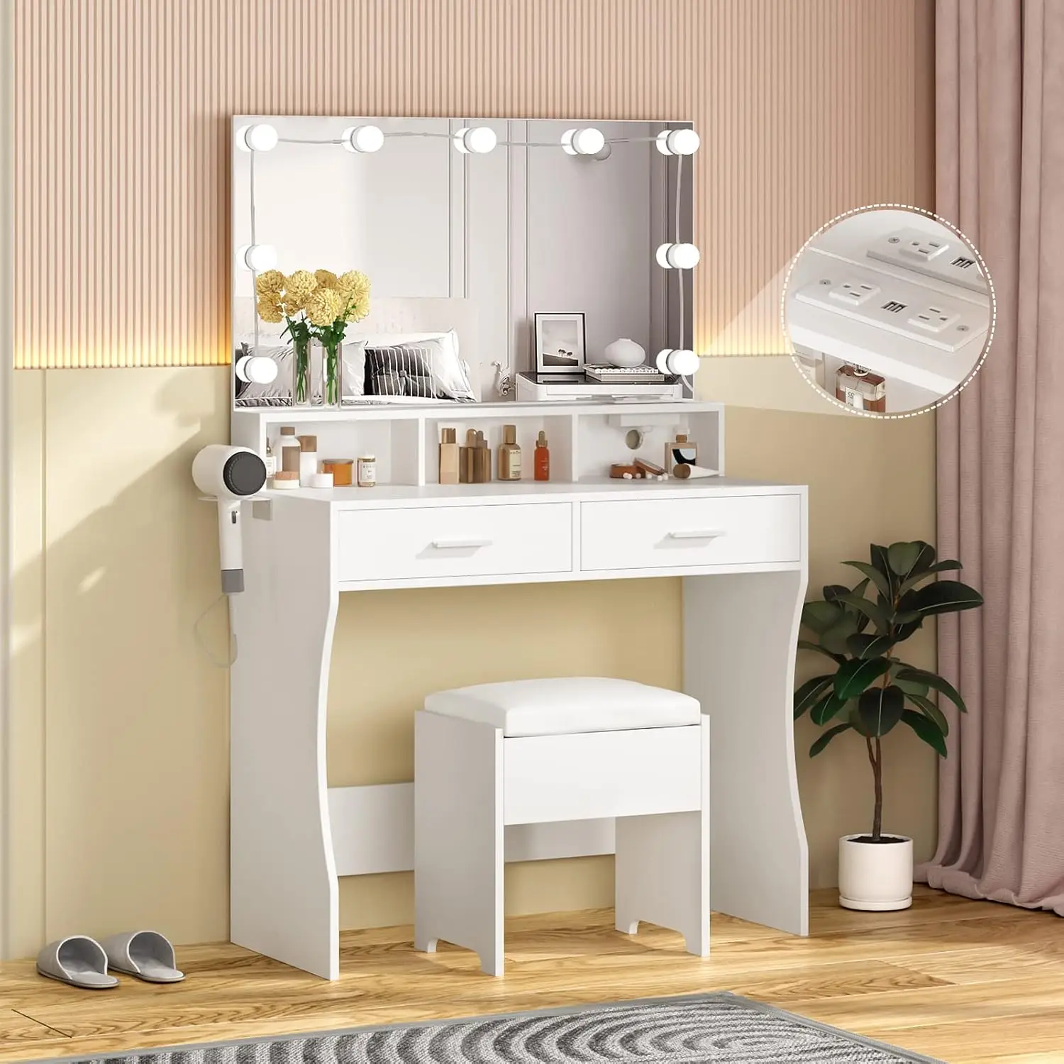 Makeup Vanity with Lighted Mirror & Power Outlet White Vanity Set Vanity Desk Clearance Makeup 3 Lighting Colors