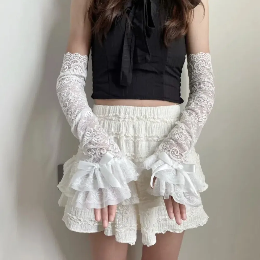 Graceful Lace Bowknot Womens Sleeve Y2K Sun Protection Lace Fingerless Gloves Hollow Out Bridal Wrist Gloves